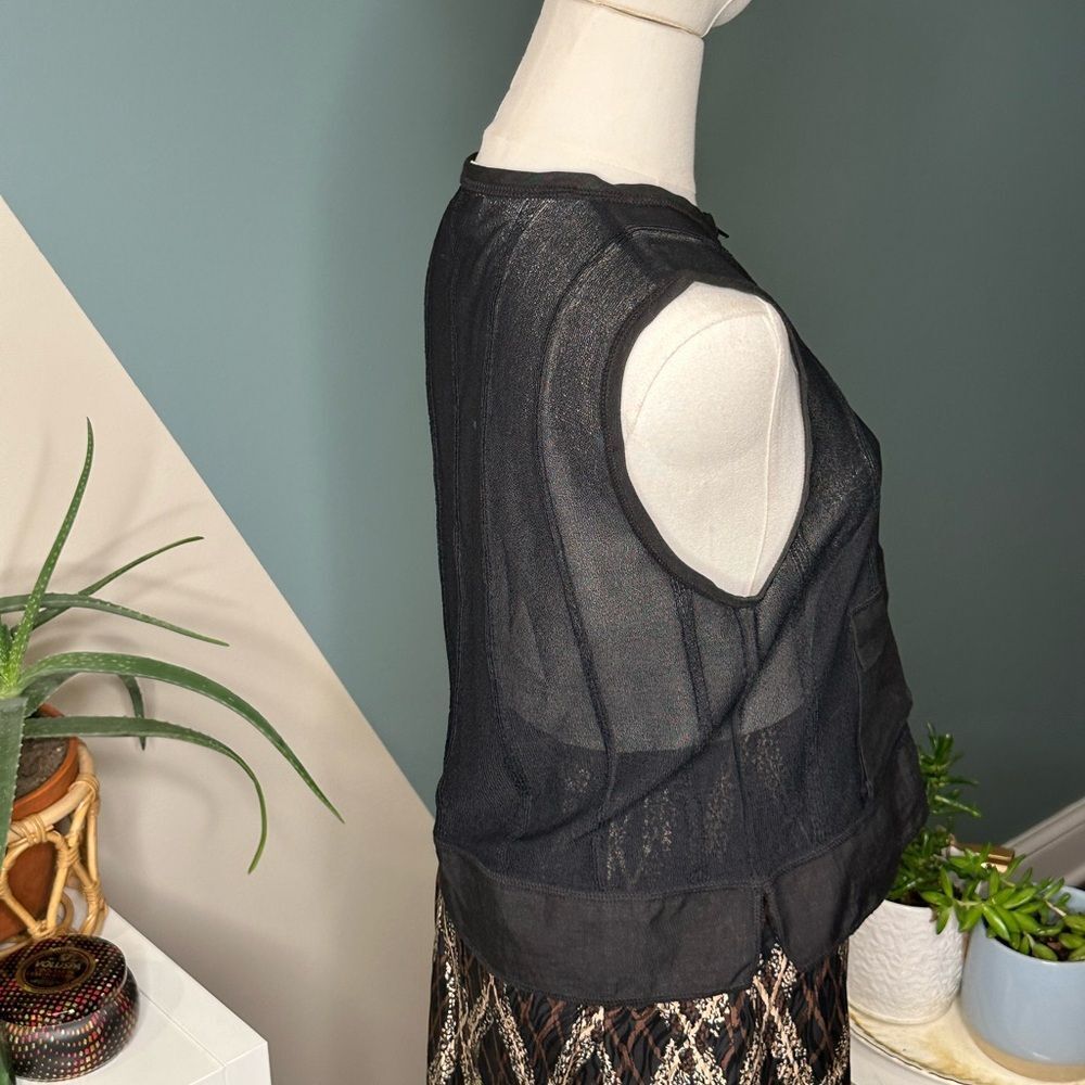 Black Sheer Utility Vest Layering Piece Linen Zip-Up Sleeveless Top Size Small - Picture 5 of 12